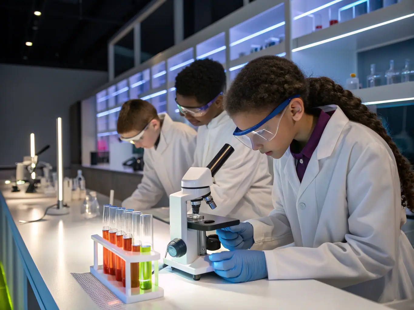 A photograph of Platform Sixth-Form College students working on a science experiment in a modern, well-equipped laboratory, highlighting the hands-on learning opportunities available.