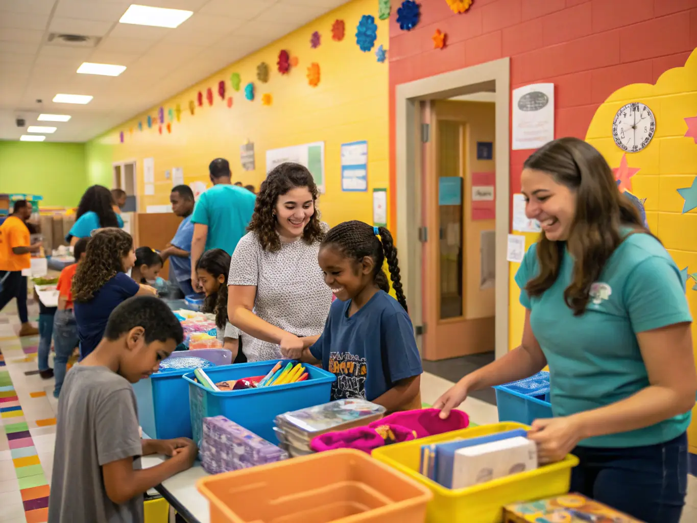 A photograph of Platform Sixth-Form College students volunteering at a local charity event, sorting donations and interacting with community members. The students are smiling and appear enthusiastic about their work.